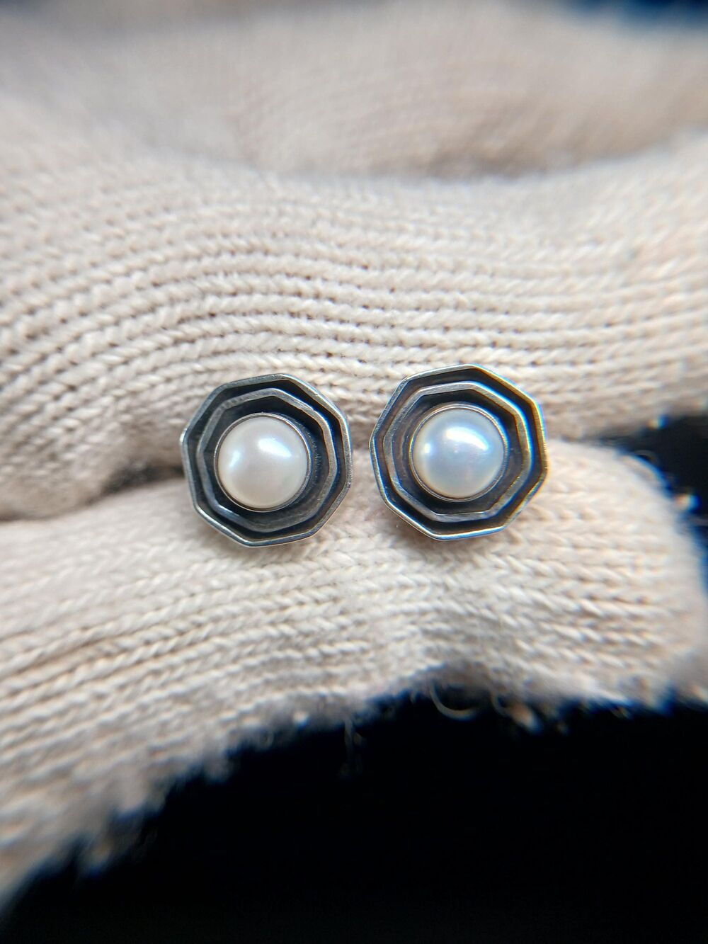 Sterling Silver Faux Pearl Stud Octagonal Earrings